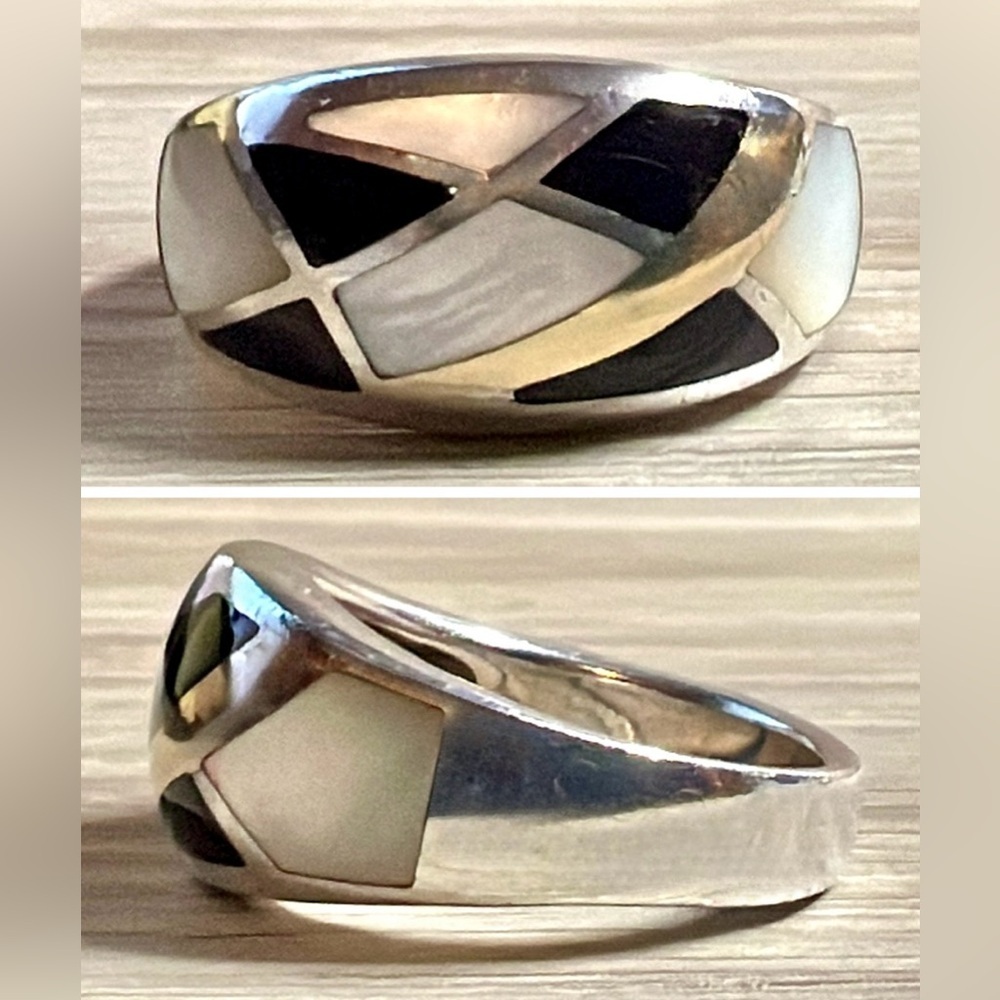 Eric Grossbardt Sterling Silver & 18K Gold MOP & Onyx Inlay Band Ring, Size 8.5